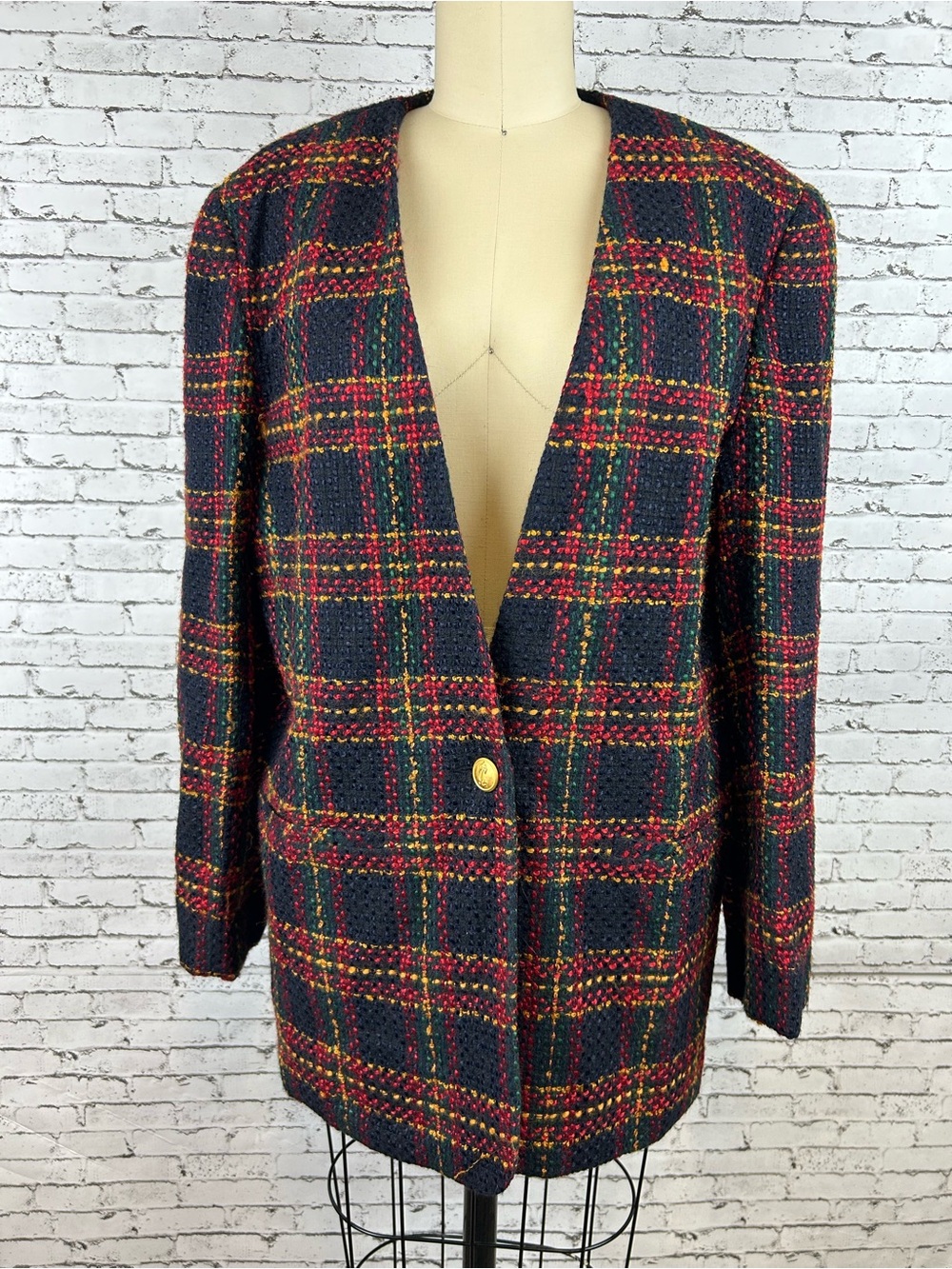Plaid Tweed Longline Rayon and Wool Jacket Blazer size 12